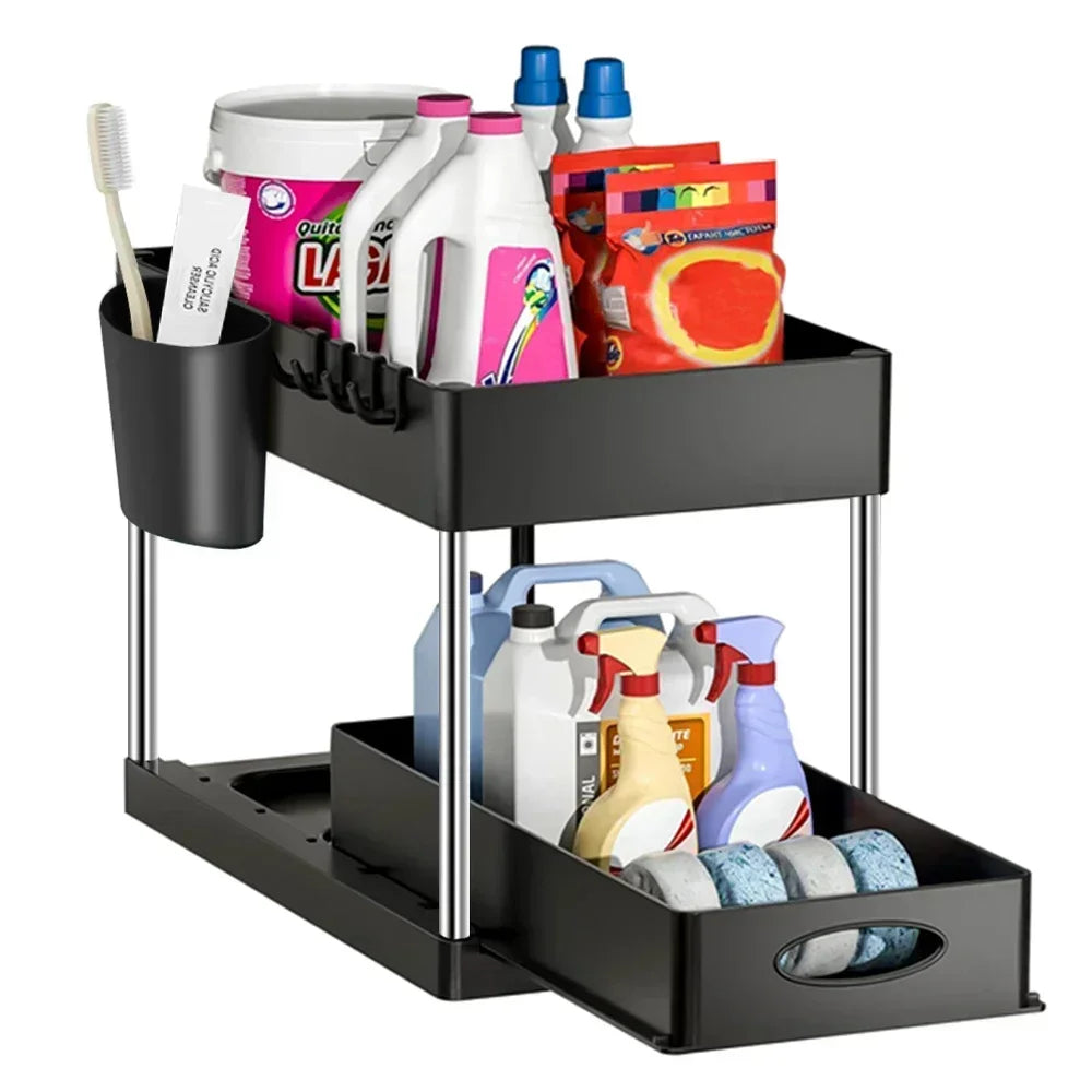 2-Tier Under-Sink Organizer, Sliding Pull-Out Cabinet Basket with 4 Hooks, BPA-Free Plastic Kitchen and Bathroom Storage - product view 6