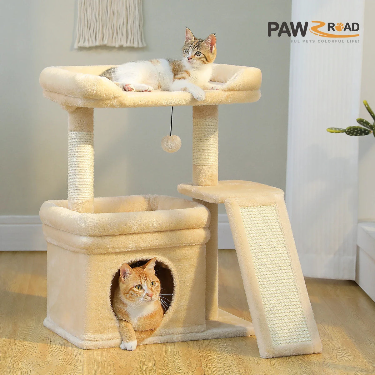 Small Wood Cat Tree with Sisal Scratching Posts, Wide Top Perch, Scratching Pad and Cat Condo, 6.2 kg, M Size - product view 6