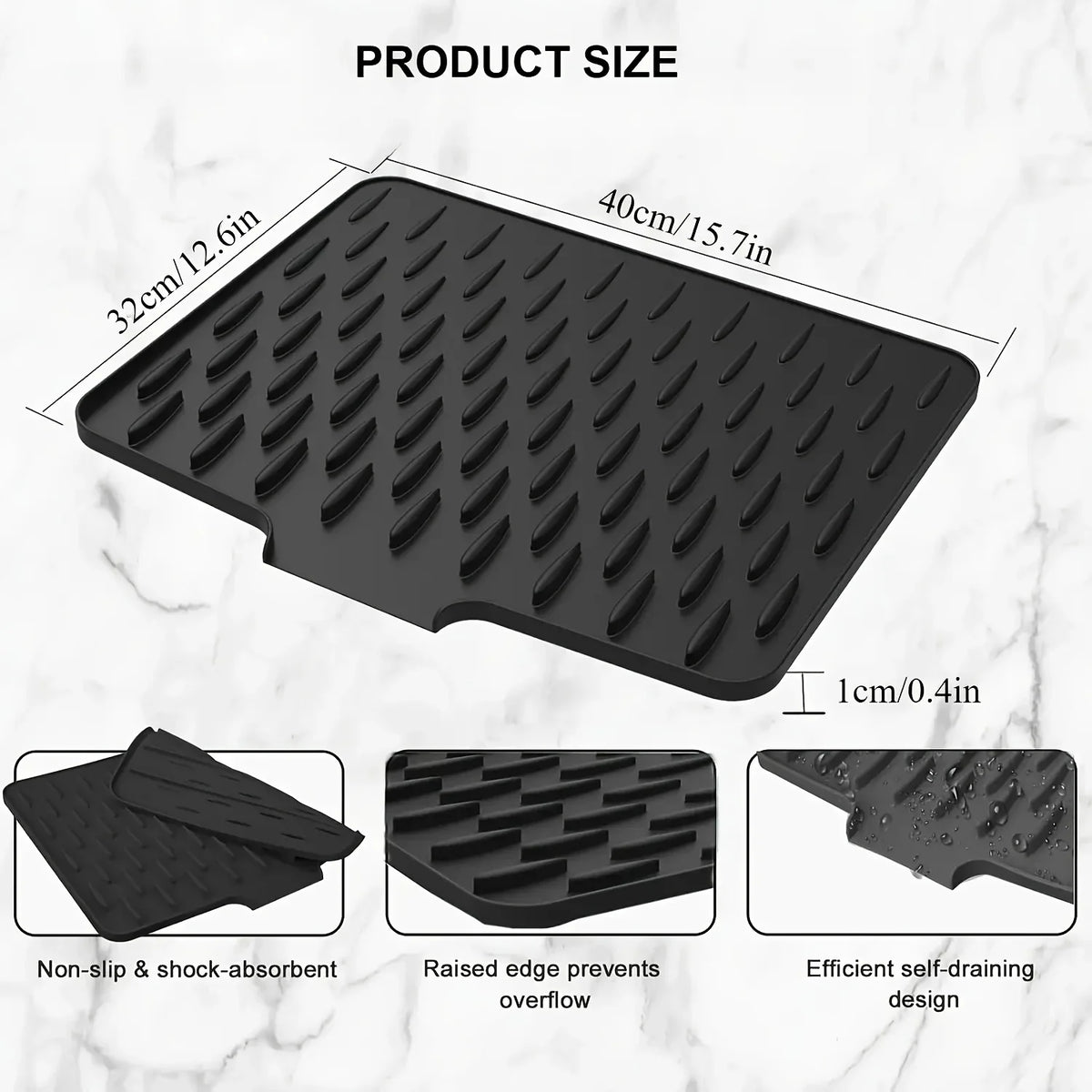 Silicone Dish Drying Mat, Rectangular Built-In Drainage Design for Countertops, Sinks and Refrigerators, Large Size - product view 2
