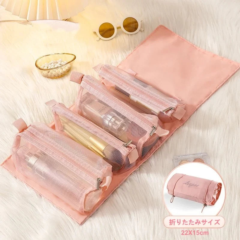 Hanging Toiletry Bag, Foldable Makeup Organizer with 4 Detachable Compartments, Hanging Ring and Clear Mesh Storage - product view 2