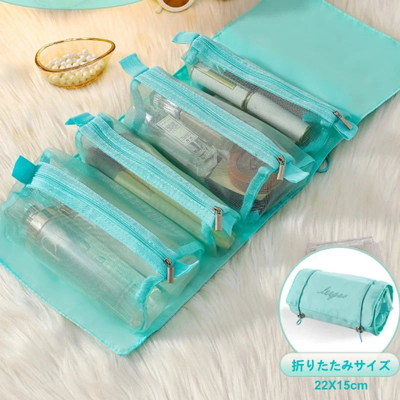Hanging Toiletry Bag, Foldable Makeup Organizer with 4 Detachable Compartments, Hanging Ring and Clear Mesh Storage - product view 3