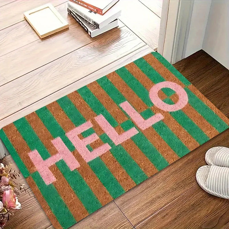 Peach Pink Hello Forest Welcome Mat, Printed Non-Slip Polyester Doormat with PE Foam, Washable Entryway Rug in 11 Sizes - product view 1