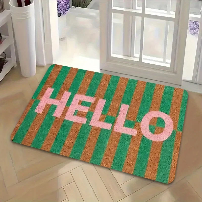 Peach Pink Hello Forest Welcome Mat, Printed Non-Slip Polyester Doormat with PE Foam, Washable Entryway Rug in 11 Sizes - product view 3