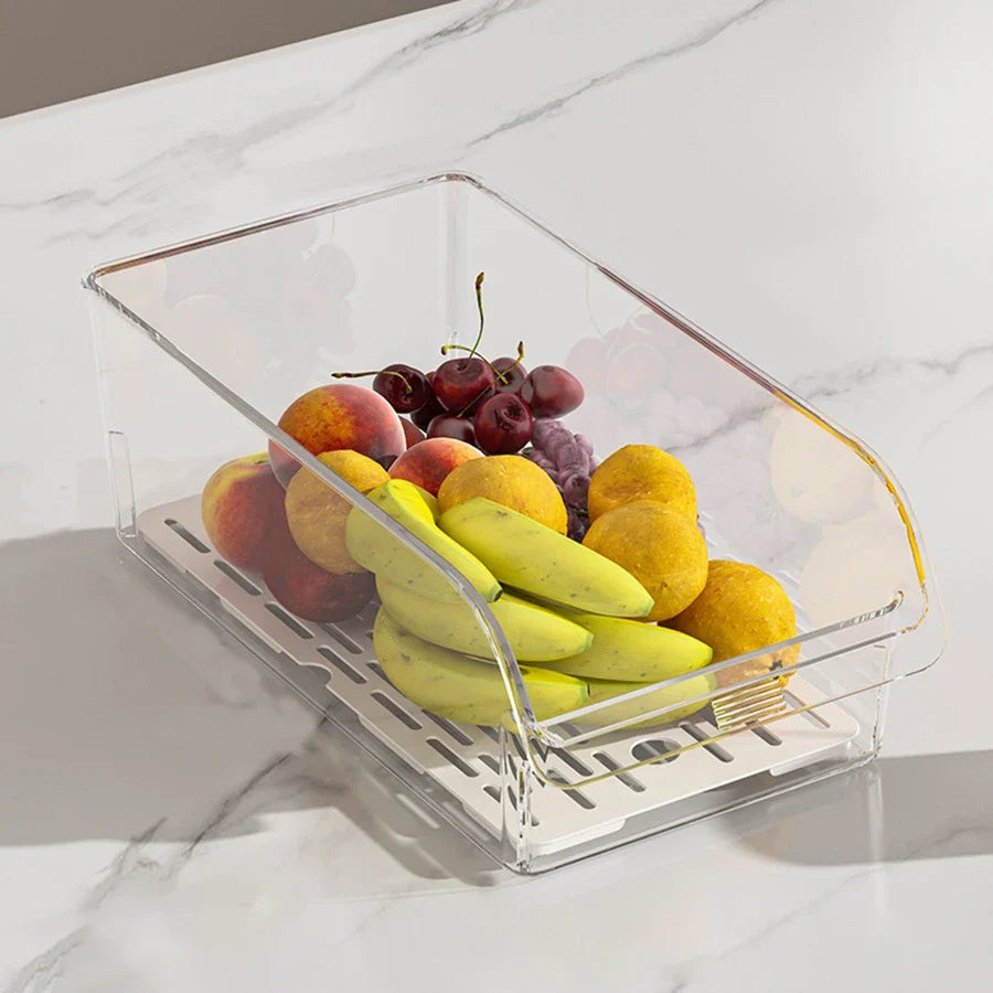 Clear Refrigerator Can Organizer, Reusable Glossy Plastic Food Storage Bin with Rectangle Design and Drain Tray Option - product view 2