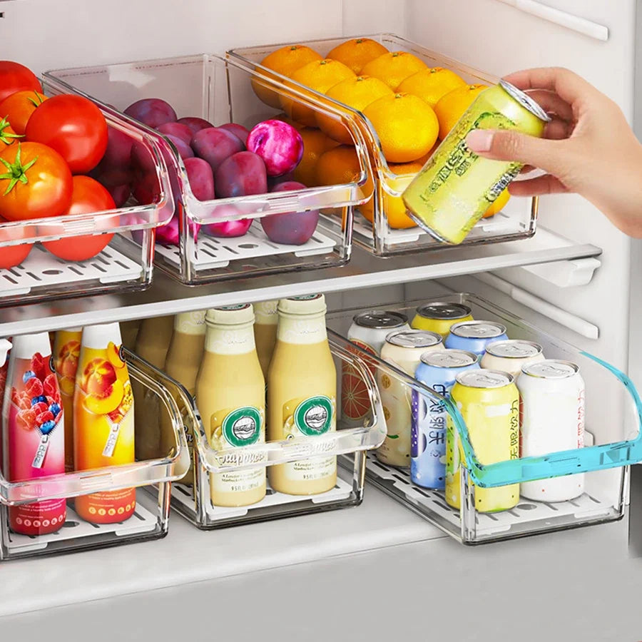Clear Refrigerator Can Organizer, Reusable Glossy Plastic Food Storage Bin with Rectangle Design and Drain Tray Option - product view 3