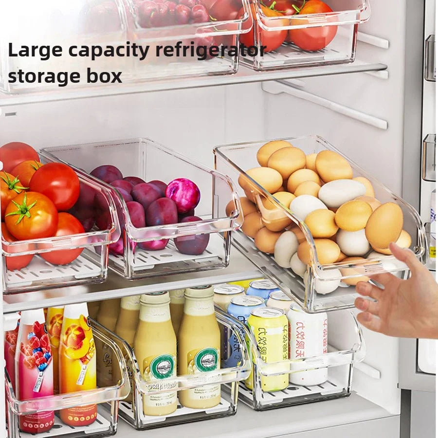 Clear Refrigerator Can Organizer, Reusable Glossy Plastic Food Storage Bin with Rectangle Design and Drain Tray Option - product view 4