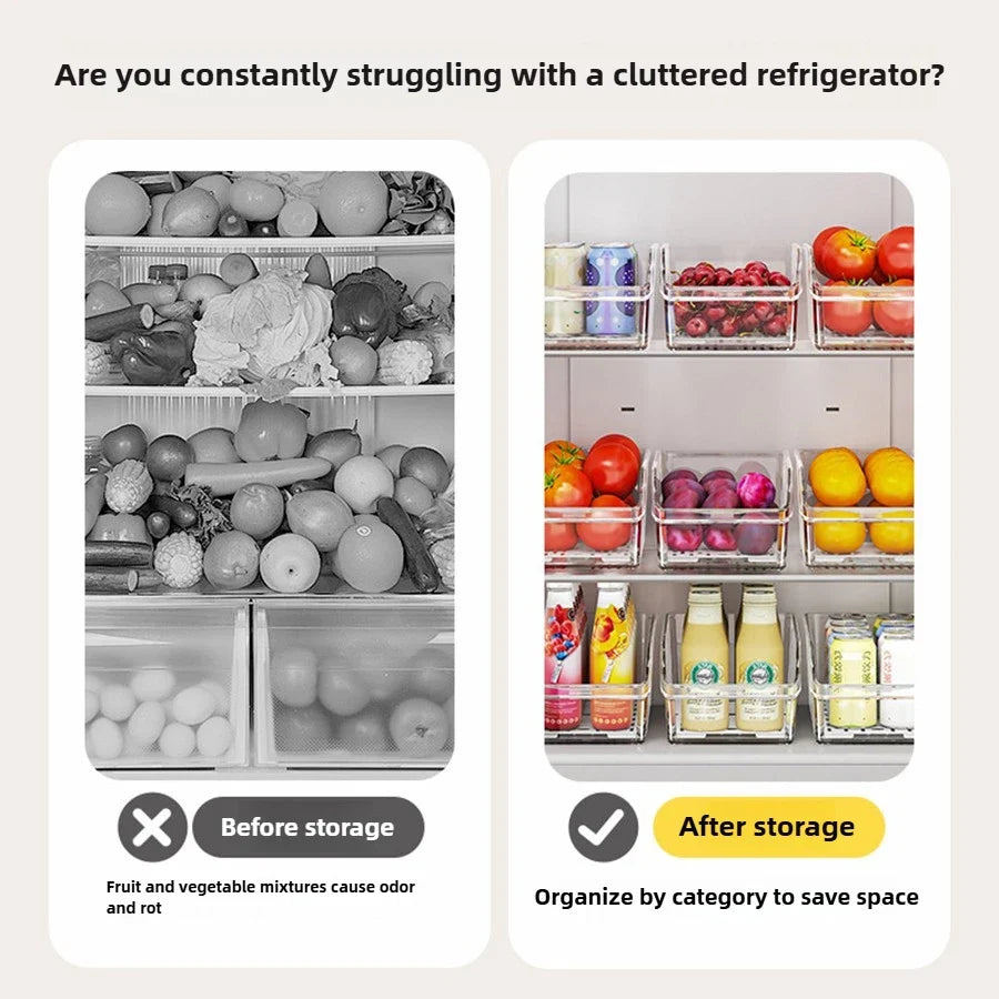 Clear Refrigerator Can Organizer, Reusable Glossy Plastic Food Storage Bin with Rectangle Design and Drain Tray Option - product view 6