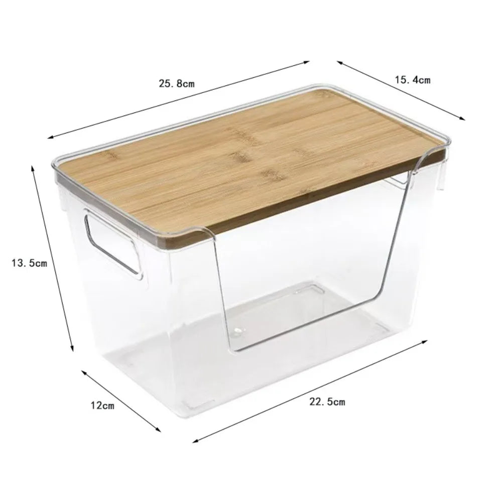 Stackable Pantry Bin with Wooden Lid, Clear PET Produce Storage Organizer, Built-In Handles for Countertops, Cabinets and Under-Sink Spaces - product view 1
