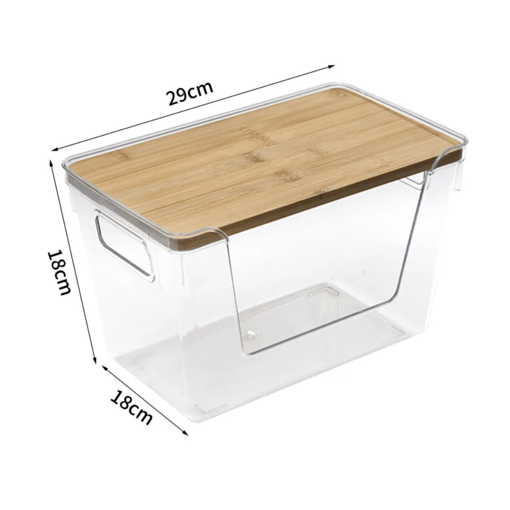 Stackable Pantry Bin with Wooden Lid, Clear PET Produce Storage Organizer, Built-In Handles for Countertops, Cabinets and Under-Sink Spaces - product view 2