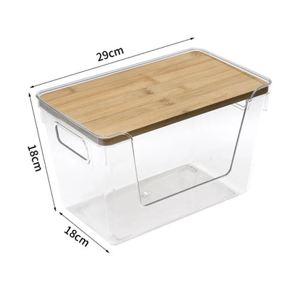 Stackable Pantry Bin with Wooden Lid, Clear PET Produce Storage Organizer, Built-In Handles for Countertops, Cabinets and Under-Sink Spaces - product view 2