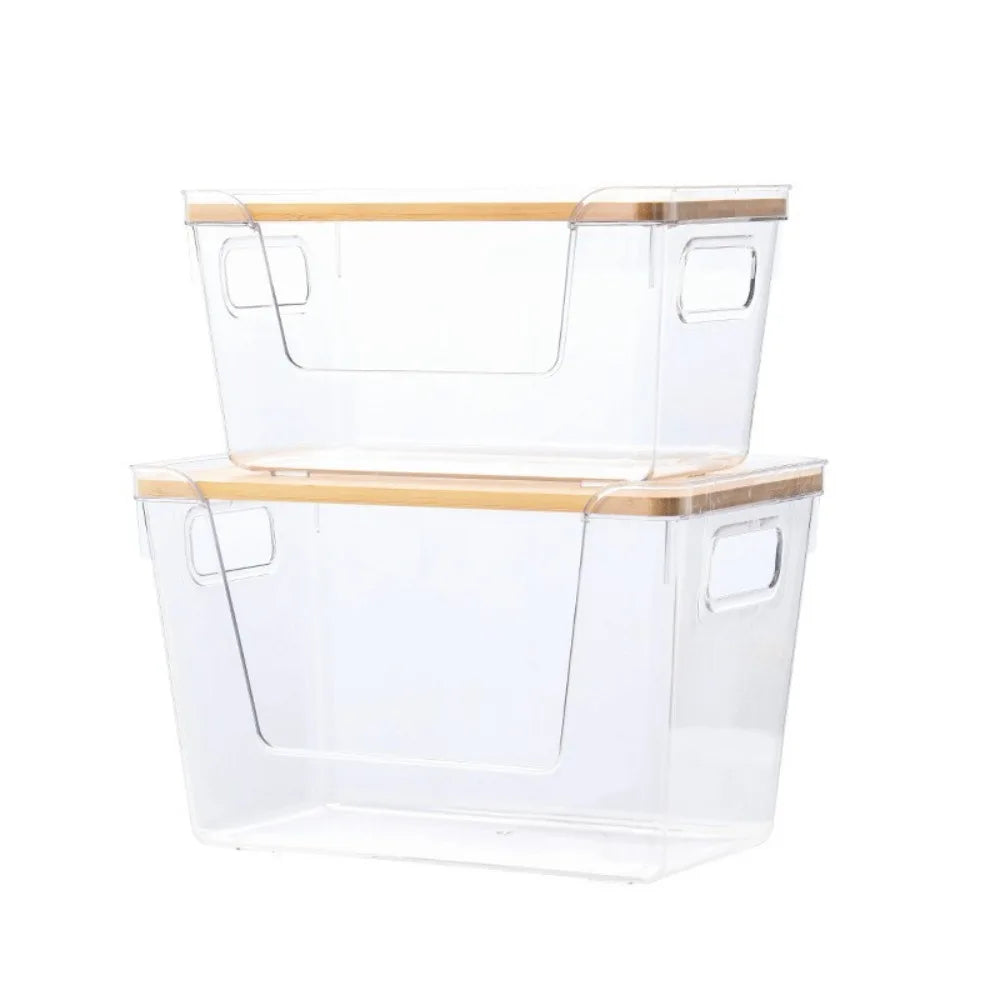 Stackable Pantry Bin with Wooden Lid, Clear PET Produce Storage Organizer, Built-In Handles for Countertops, Cabinets and Under-Sink Spaces - product view 3