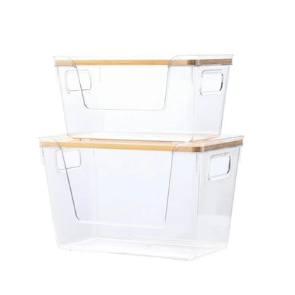 Stackable Pantry Bin with Wooden Lid, Clear PET Produce Storage Organizer, Built-In Handles for Countertops, Cabinets and Under-Sink Spaces - product view 3