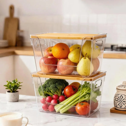 Stackable Pantry Bin with Wooden Lid, Clear PET Produce Storage Organizer, Built-In Handles for Countertops, Cabinets and Under-Sink Spaces - product view 4
