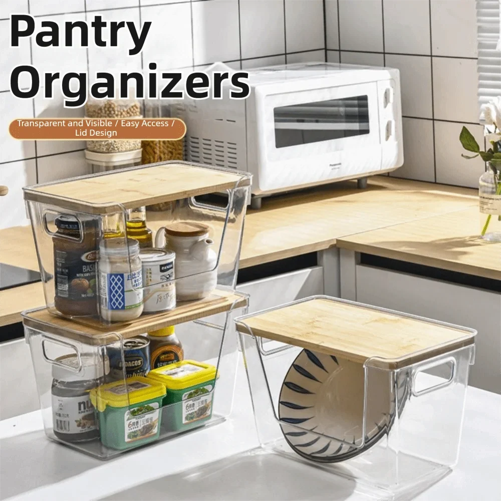 Stackable Pantry Bin with Wooden Lid, Clear PET Produce Storage Organizer, Built-In Handles for Countertops, Cabinets and Under-Sink Spaces - product view 5