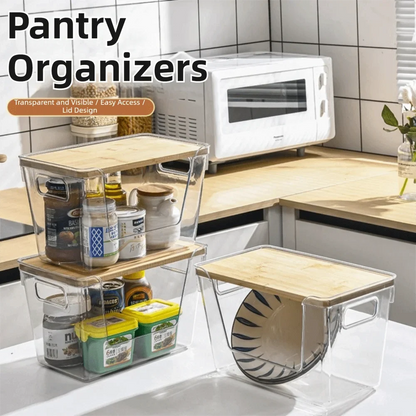 Stackable Pantry Bin with Wooden Lid, Clear PET Produce Storage Organizer, Built-In Handles for Countertops, Cabinets and Under-Sink Spaces - product view 5