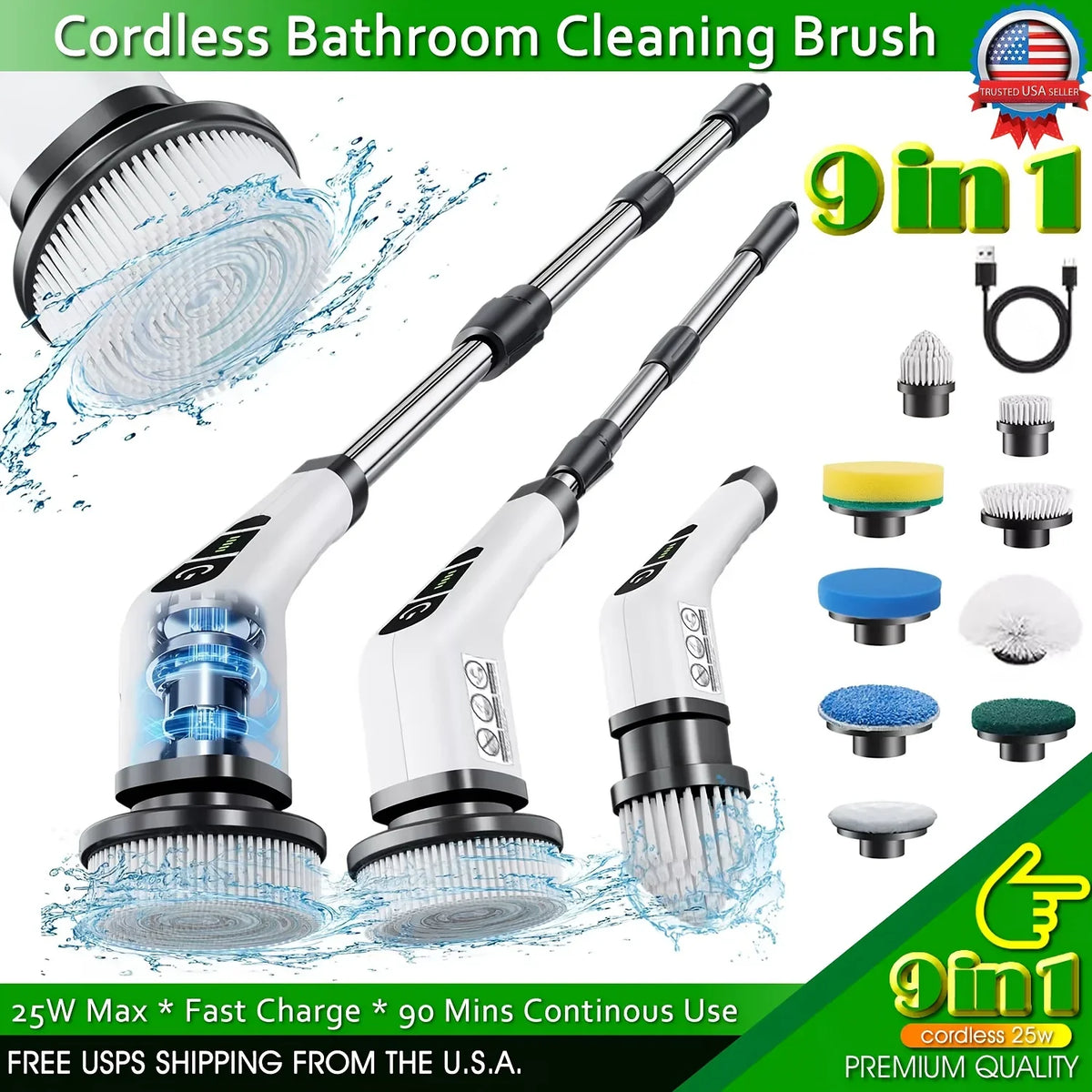 Electric Spin Scrubber, Cordless Bathroom Cleaner with 9 Brush Heads, Extendable Handle, LED Battery Display, 20V–50V - product view 2