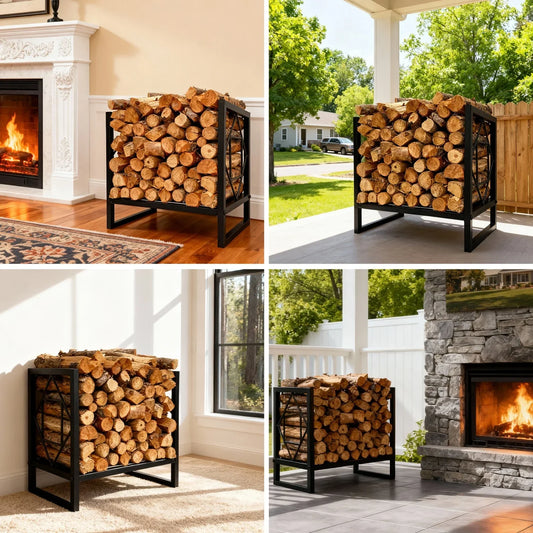 Metal Firewood Rack, 44 x 30 x 40 cm Indoor Outdoor Log Holder with Ventilated Sides, Anti-Tilt Rings and Black Finish - product view 1