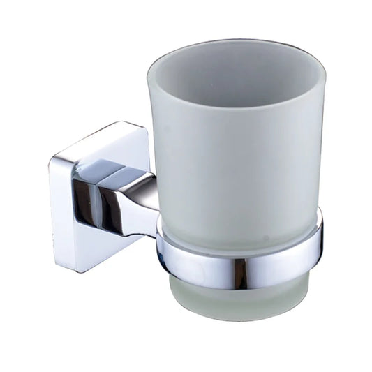 Wall-Mounted Toothbrush and Toothpaste Holder with Frosted Glass Cup, Perforated Bathroom Installation, Chrome Finish - product view 1