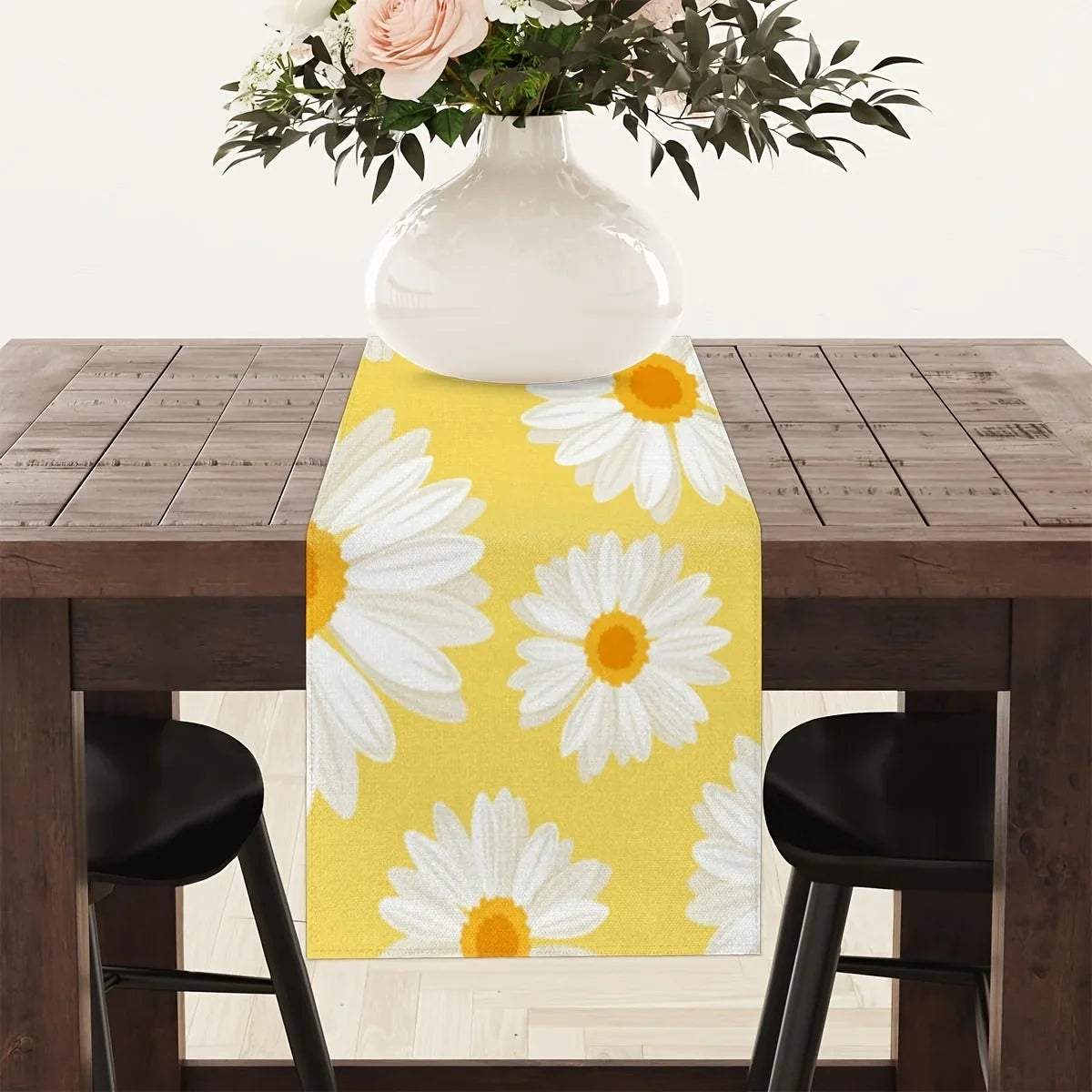 Linen Daisy Floral Table Runner, Rustic Farmhouse Cartoon Pattern, 100% Linen Table Decor in 6 Sizes for Home Dining - product view 2