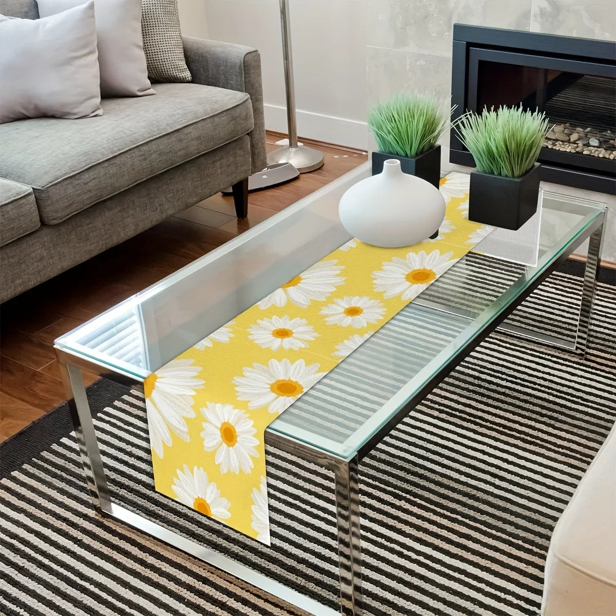 Linen Daisy Floral Table Runner, Rustic Farmhouse Cartoon Pattern, 100% Linen Table Decor in 6 Sizes for Home Dining - product view 4