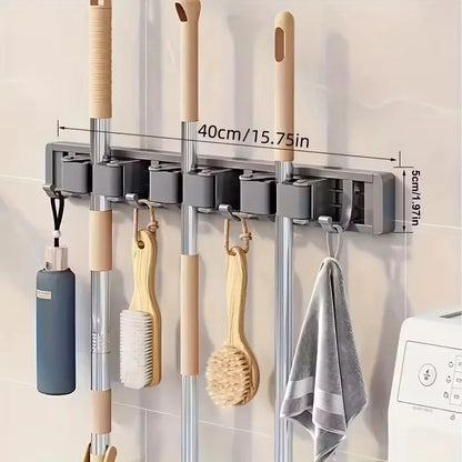 Wall-Mounted Broom and Mop Holder, Aluminum and ABS Tool Organizer with Hooks, No-Fuss Installation, Gray or Silver, 3- or 4-Card Options - product view 1