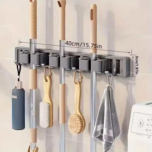 Wall-Mounted Broom and Mop Holder, Aluminum and ABS Tool Organizer with Hooks, No-Fuss Installation, Gray or Silver, 3- or 4-Card Options - product view 1