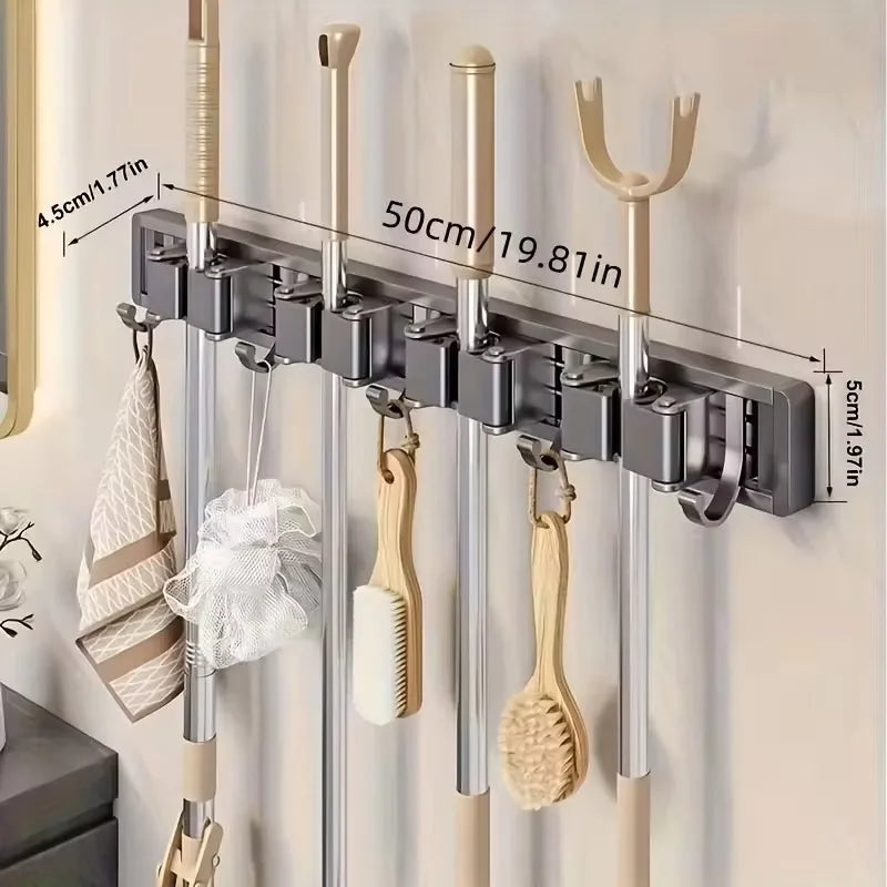 Wall-Mounted Broom and Mop Holder, Aluminum and ABS Tool Organizer with Hooks, No-Fuss Installation, Gray or Silver, 3- or 4-Card Options - product view 2