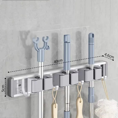Wall-Mounted Broom and Mop Holder, Aluminum and ABS Tool Organizer with Hooks, No-Fuss Installation, Gray or Silver, 3- or 4-Card Options - product view 3