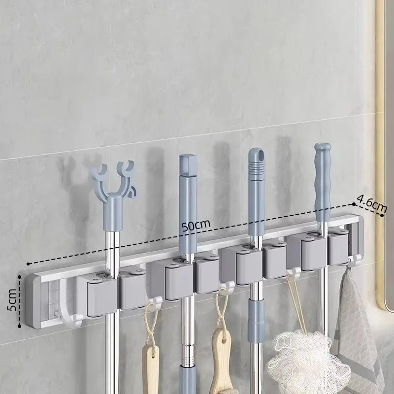Wall-Mounted Broom and Mop Holder, Aluminum and ABS Tool Organizer with Hooks, No-Fuss Installation, Gray or Silver, 3- or 4-Card Options - product view 4