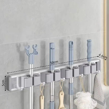Wall-Mounted Broom and Mop Holder, Aluminum and ABS Tool Organizer with Hooks, No-Fuss Installation, Gray or Silver, 3- or 4-Card Options - product view 4
