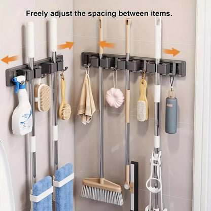 Wall-Mounted Broom and Mop Holder, Aluminum and ABS Tool Organizer with Hooks, No-Fuss Installation, Gray or Silver, 3- or 4-Card Options - product view 6