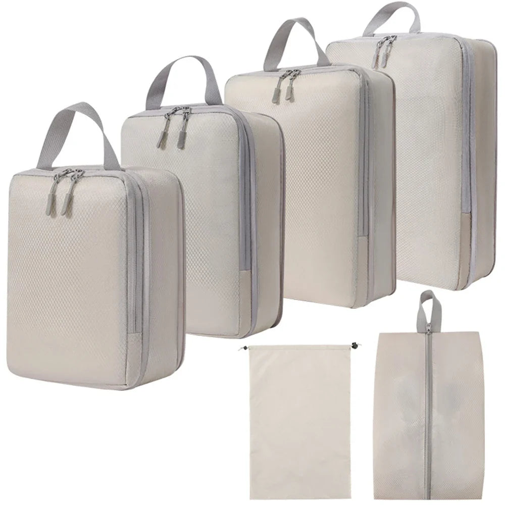 Luggage Organizer Bags, Compressible Reusable Polyester Travel Storage Set, L Size, 6PCS or 5PCS Beige for Clothing - product view 1