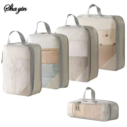 Luggage Organizer Bags, Compressible Reusable Polyester Travel Storage Set, L Size, 6PCS or 5PCS Beige for Clothing - product view 2
