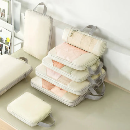 Luggage Organizer Bags, Compressible Reusable Polyester Travel Storage Set, L Size, 6PCS or 5PCS Beige for Clothing - product view 3