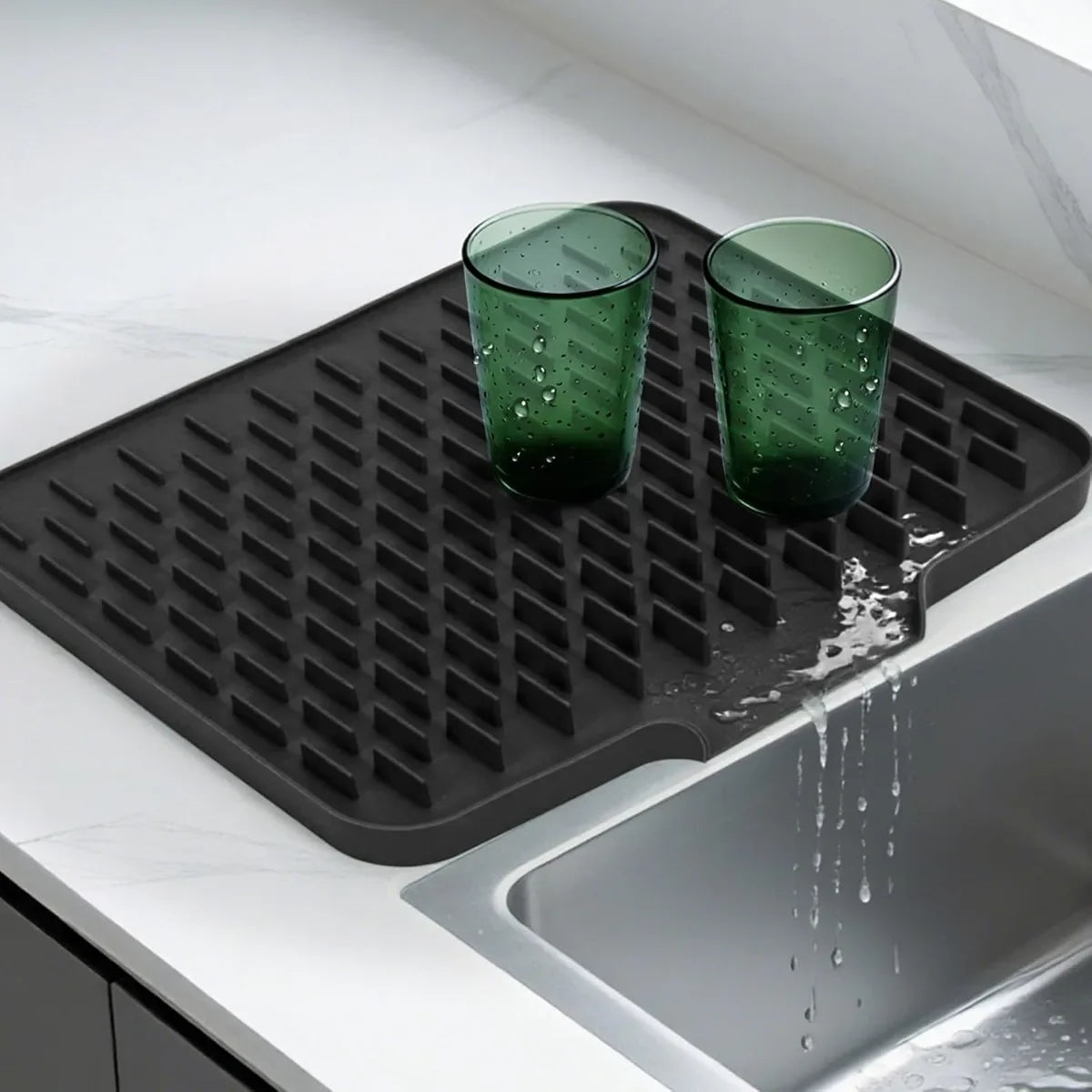 Silicone Dish Drying Mat, Built-In Drainage, Easy-Clean Rectangle Countertop Pad, Large Size, Gray or Black - product view 3