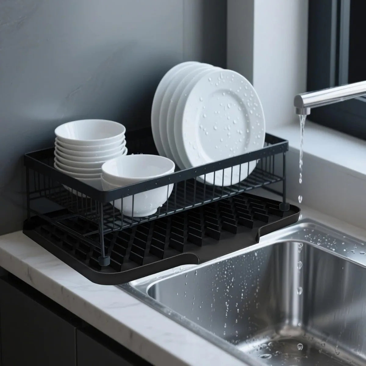 Silicone Dish Drying Mat, Built-In Drainage, Easy-Clean Rectangle Countertop Pad, Large Size, Gray or Black - product view 5