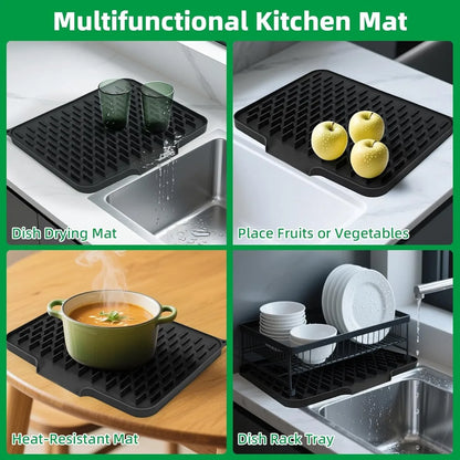 Silicone Dish Drying Mat, Built-In Drainage, Easy-Clean Rectangle Countertop Pad, Large Size, Gray or Black - product view 6