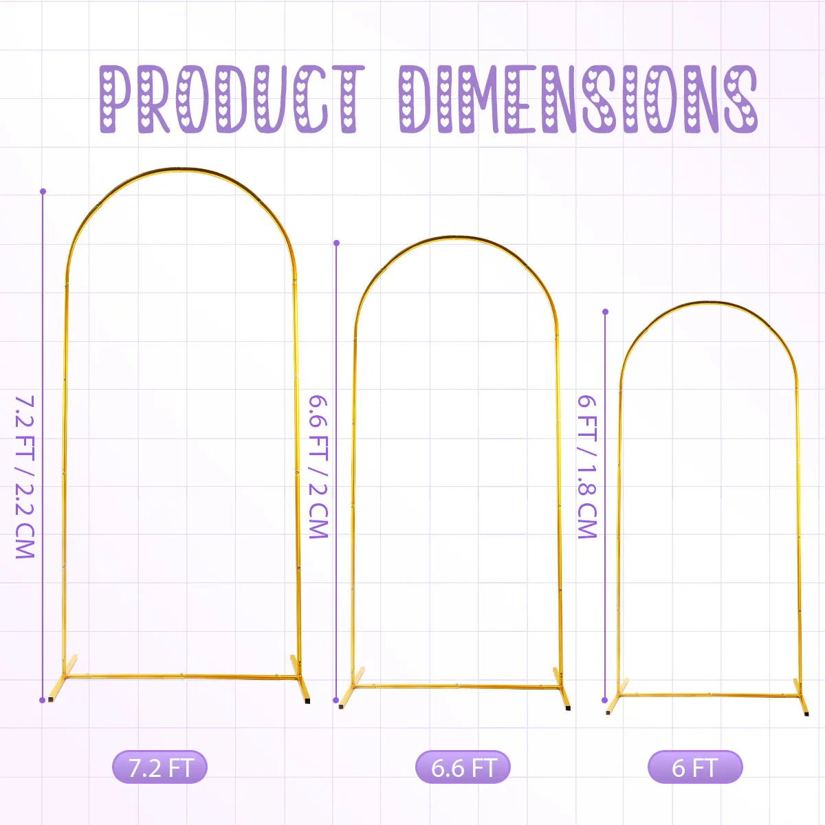 Golden Metal Arch Kit, Adjustable Portable Backdrop Stand in 6FT, 6.2FT and 7.2FT Sizes for Party Balloon Decor - product view 2