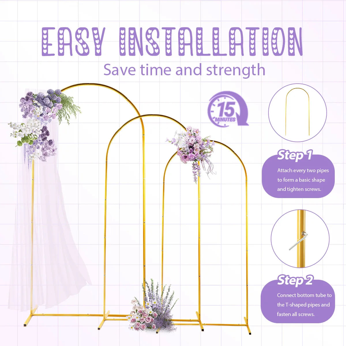 Golden Metal Arch Kit, Adjustable Portable Backdrop Stand in 6FT, 6.2FT and 7.2FT Sizes for Party Balloon Decor - product view 4