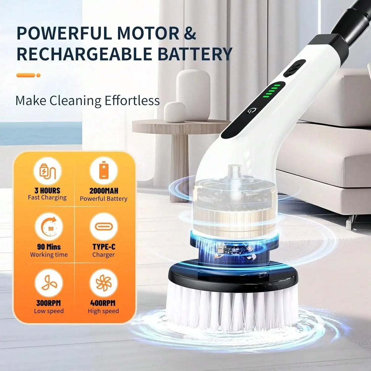 Electric Spin Scrubber, Cordless Waterproof Bathroom Cleaning Brush With Adjustable Handle, 9-in-1 US Version - product view 5