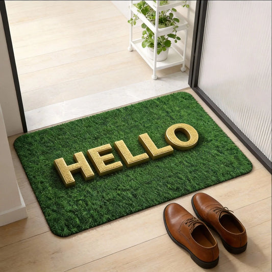 Green Grass Welcome Doormat, 3D Gold Welcome Text, Memory Foam, Anti-Slip Polyester Mat for Entryway, Porch and Outdoor Use - product view 1