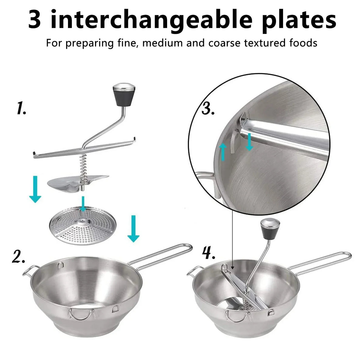 Stainless Steel Food Mill & Garlic Press, 3 Interchangeable Grinding Plates, 917 ml Capacity, Anti-Slip Handles for Sauces - product view 2