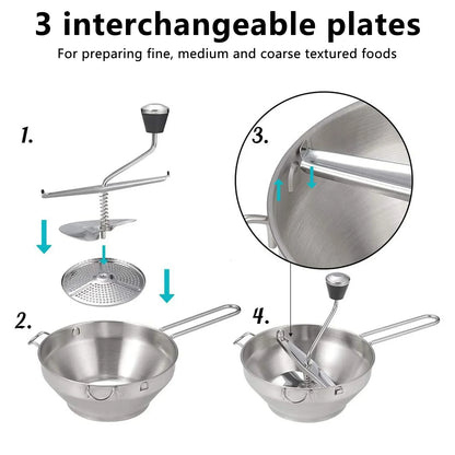 Stainless Steel Food Mill & Garlic Press, 3 Interchangeable Grinding Plates, 917 ml Capacity, Anti-Slip Handles for Sauces - product view 2