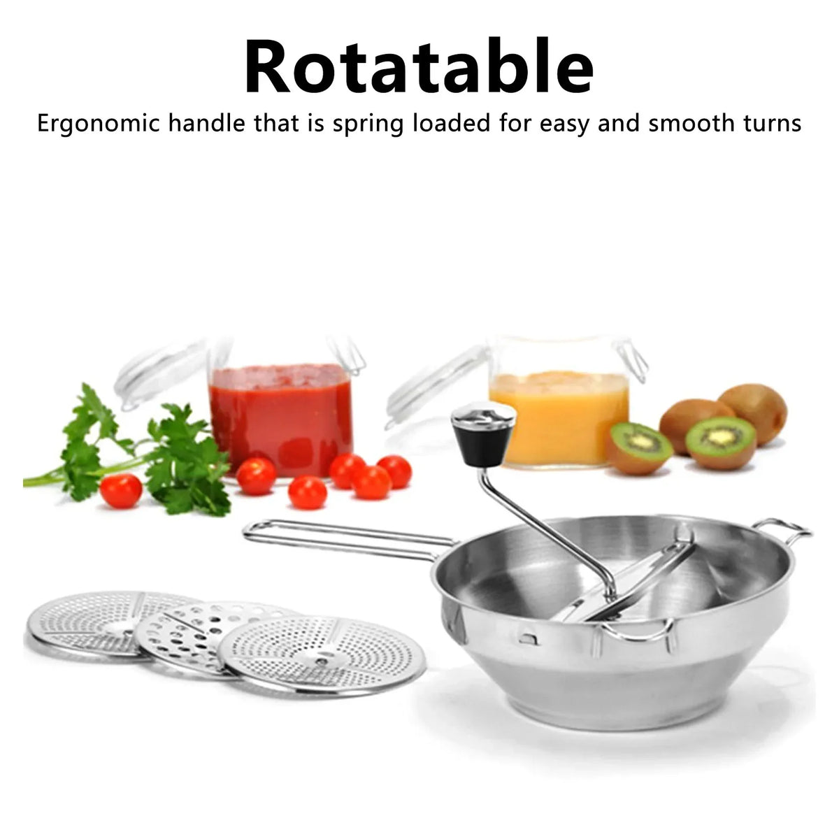 Stainless Steel Food Mill & Garlic Press, 3 Interchangeable Grinding Plates, 917 ml Capacity, Anti-Slip Handles for Sauces - product view 3