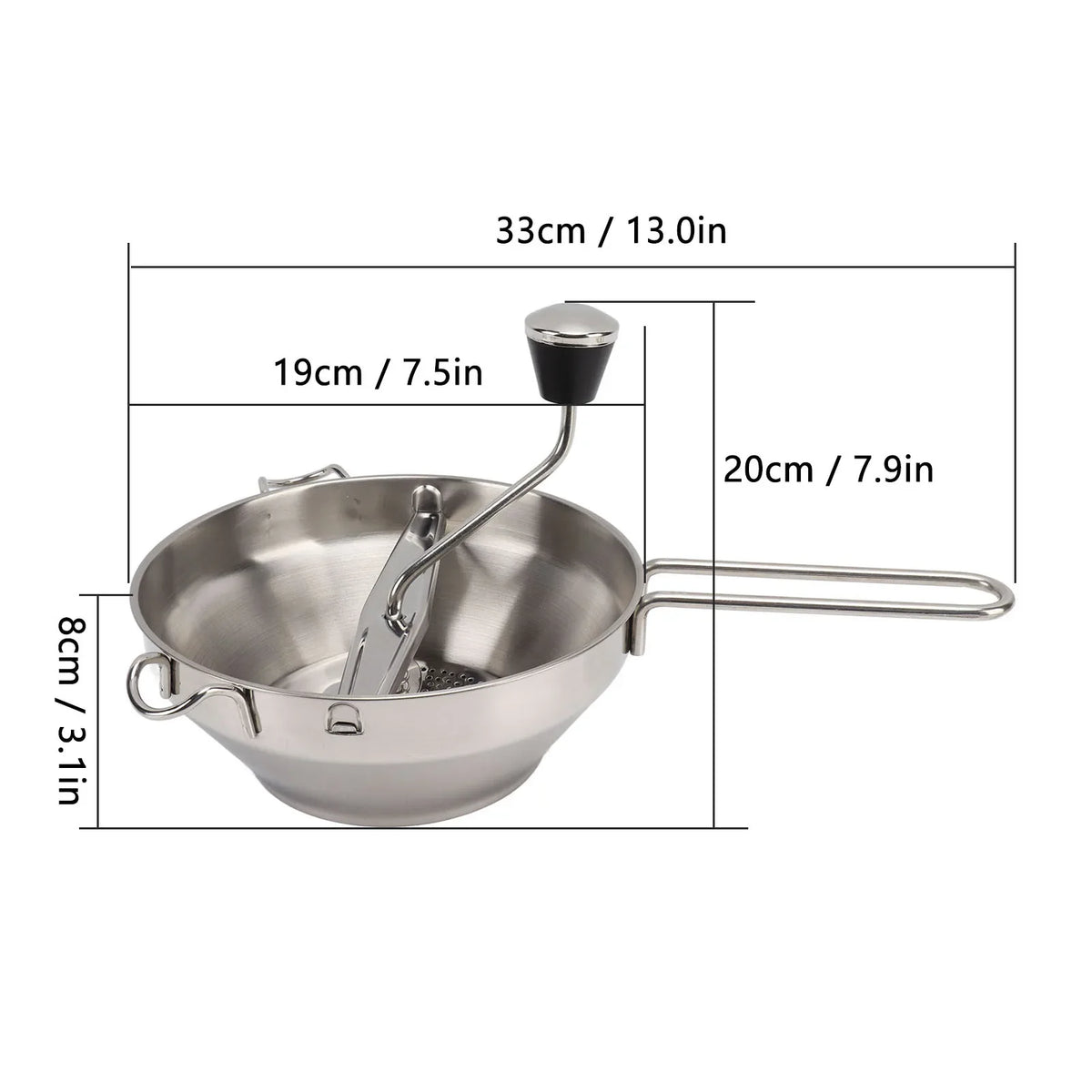 Stainless Steel Food Mill & Garlic Press, 3 Interchangeable Grinding Plates, 917 ml Capacity, Anti-Slip Handles for Sauces - product view 4