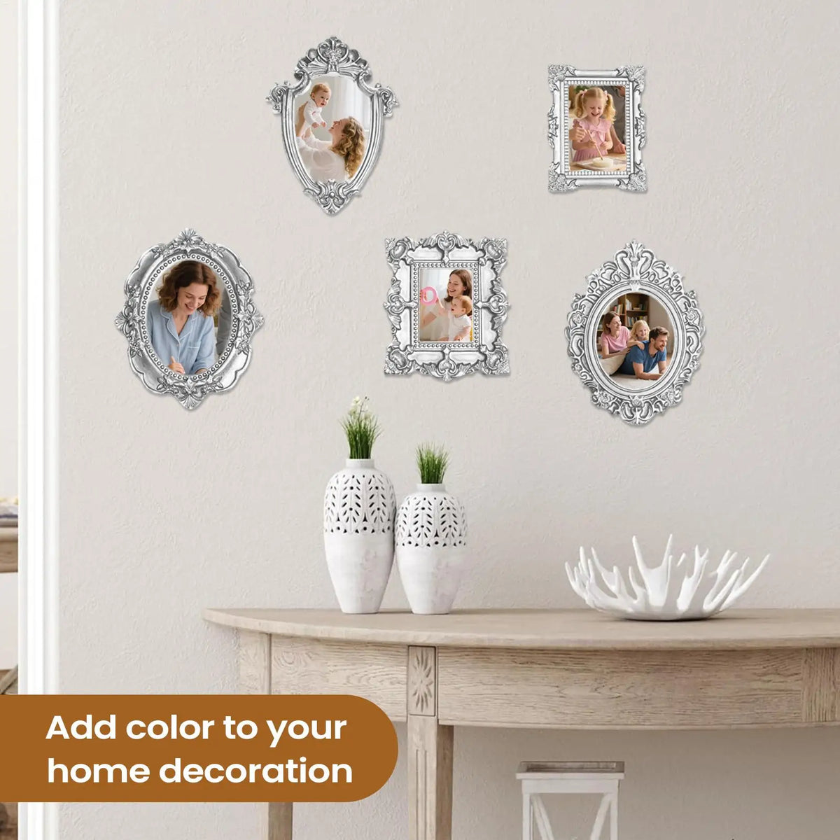 Mini Picture Frame Set, 5-Piece Round Classic Plastic Photo Holders for Desk, Shelf, Wall and Keepsake Display - product view 3
