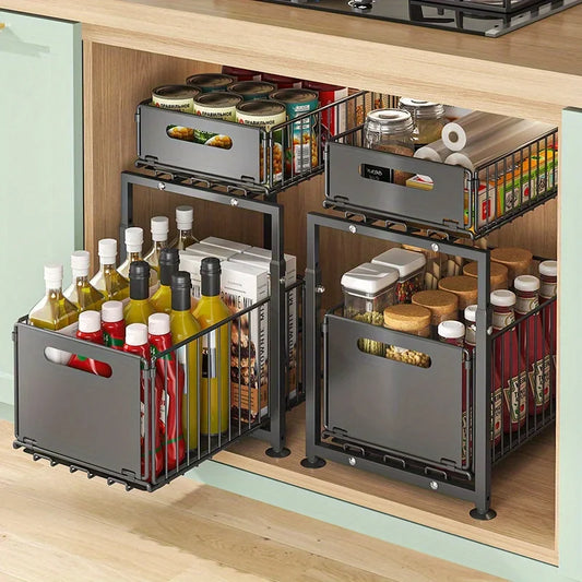 2-Tier Slide-Out Cabinet Organizer, Adjustable Waterproof Steel Shelf in Black for Kitchen and Under-Sink Storage - product view 1