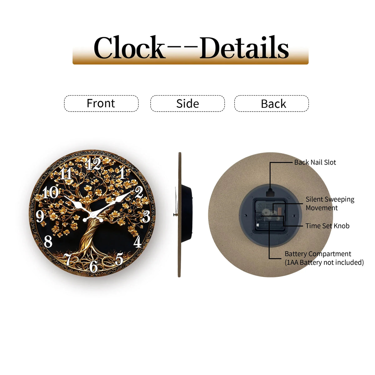 Golden Tree of Life Wall Clock, Circular Ornate Decorative Timepiece with Four Size Options for Home Décor - product view 5