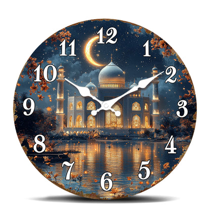 Illuminated Mosque Crescent Moon Wall Clock, Round Islamic Architecture Décor, Decorative Quartz Clock in 10–16 Inch Sizes - product view 1