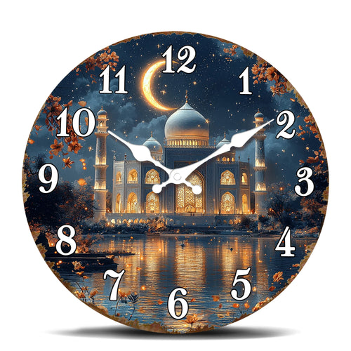 Illuminated Mosque Crescent Moon Wall Clock, Round Islamic Architecture Décor, Decorative Quartz Clock in 10–16 Inch Sizes - product view 1